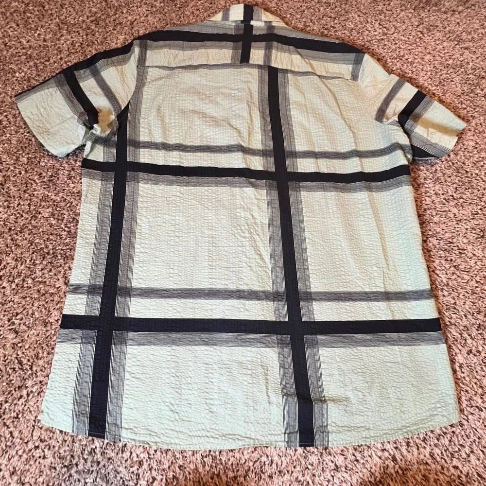 Alfani Men XXL Mint Green Navy Plaid‎ Seersucker Short Sleeve Button Up Shirt